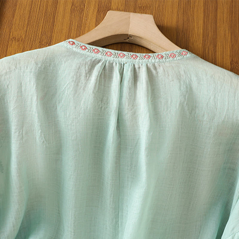 Buddha Stones刺繍ボタン七分袖ノッチネックレディースコットンシャツ - image 29