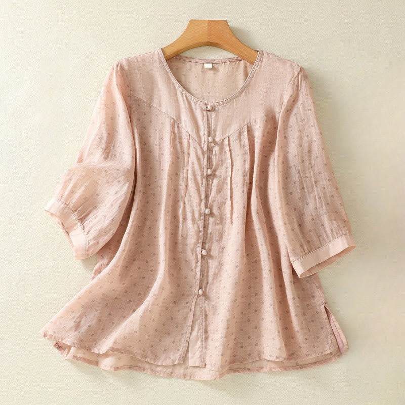 Buddha Stonesプリント 花柄ボタン カラーコントラスト 半袖 レディース シャツ - ピーチパフ - US8-10，UK/AU12-14，EU40-42 (2XL) - image 27