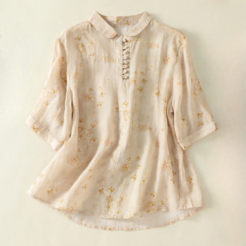 Buddha Stonesプリント カエルボタン ラペル 半袖 レディース コットンシャツ - レモンシフォン - US8-10，UK/AU12-14，EU40-42 (2XL) - image 8