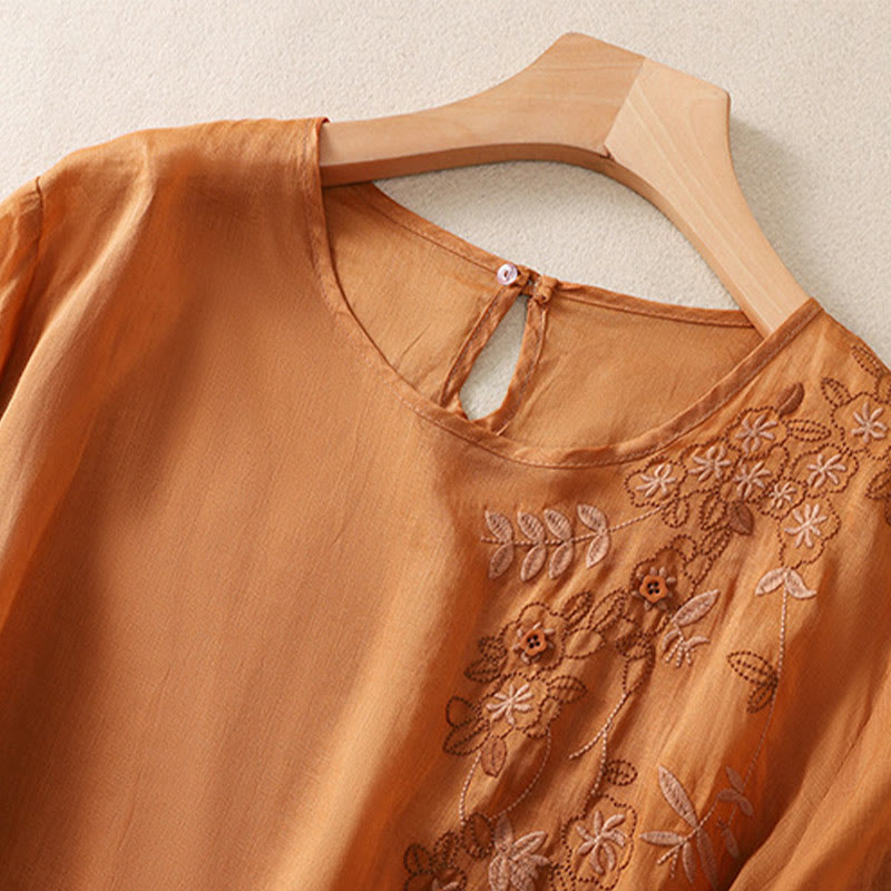Buddha Stones刺繍 花柄裾スリット レディース コットンリネン 半袖Tシャツ - image 12