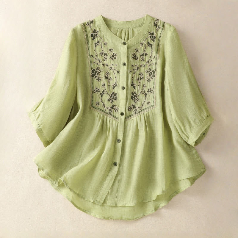 Buddha Stones刺繍入りシングルブレストレディースコットンリネン七分袖シャツ - ライトグリーン - US12、 UK/AU16、 EU44 (2XL) - image 0