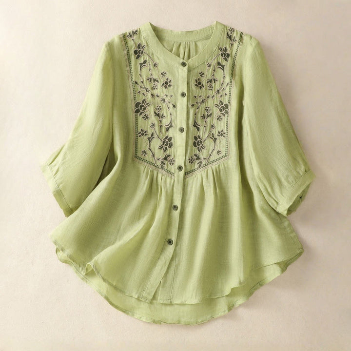 Buddha Stones刺繍入りシングルブレストレディースコットンリネン七分袖シャツ - ライトグリーン - US12、 UK/AU16、 EU44 (2XL) - image 0