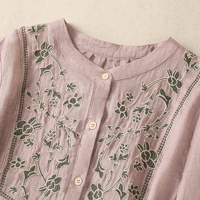 Buddha Stones刺繍入りシングルブレストレディースコットンリネン七分袖シャツ - image 11