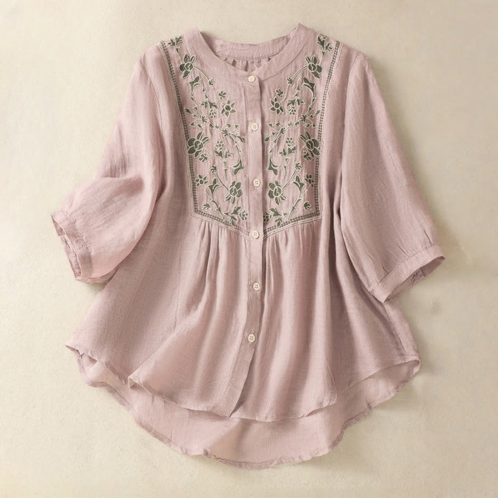 Buddha Stones刺繍入りシングルブレストレディースコットンリネン七分袖シャツ - ロージーブラウン - US12、 UK/AU16、 EU44 (2XL) - image 10
