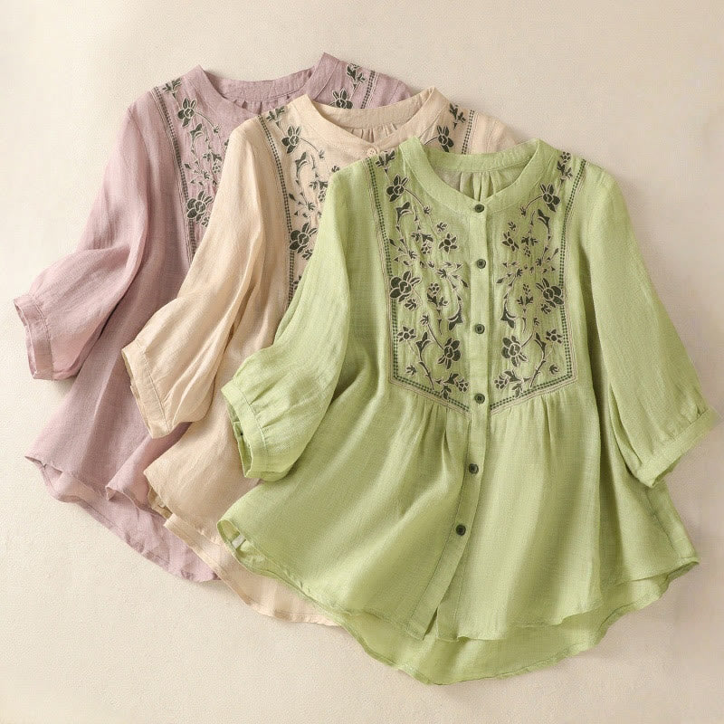 Buddha Stones刺繍入りシングルブレストレディースコットンリネン七分袖シャツ - image 25