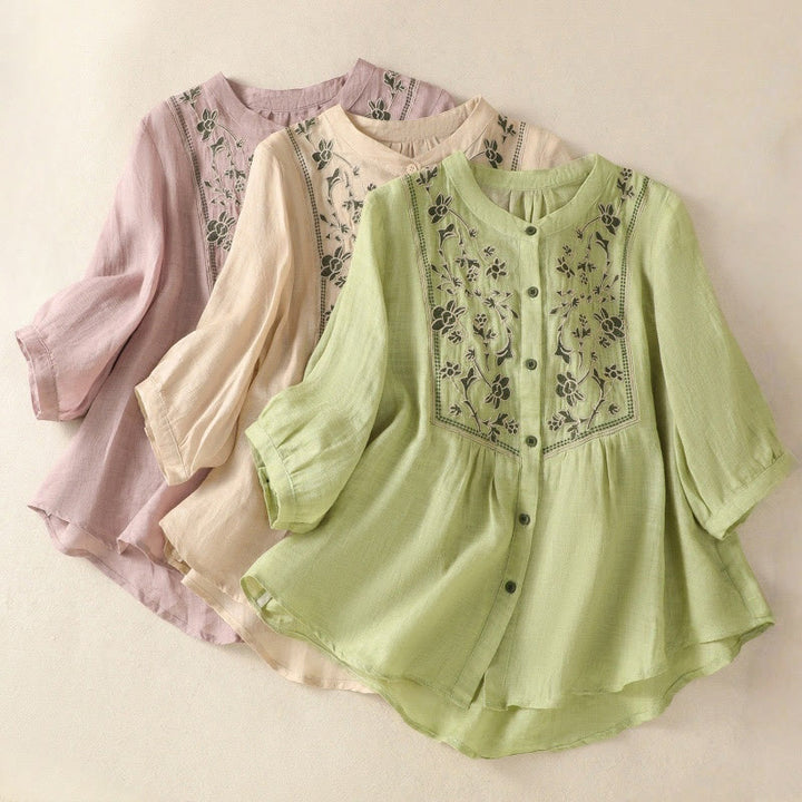Buddha Stones刺繍入りシングルブレストレディースコットンリネン七分袖シャツ - image 25