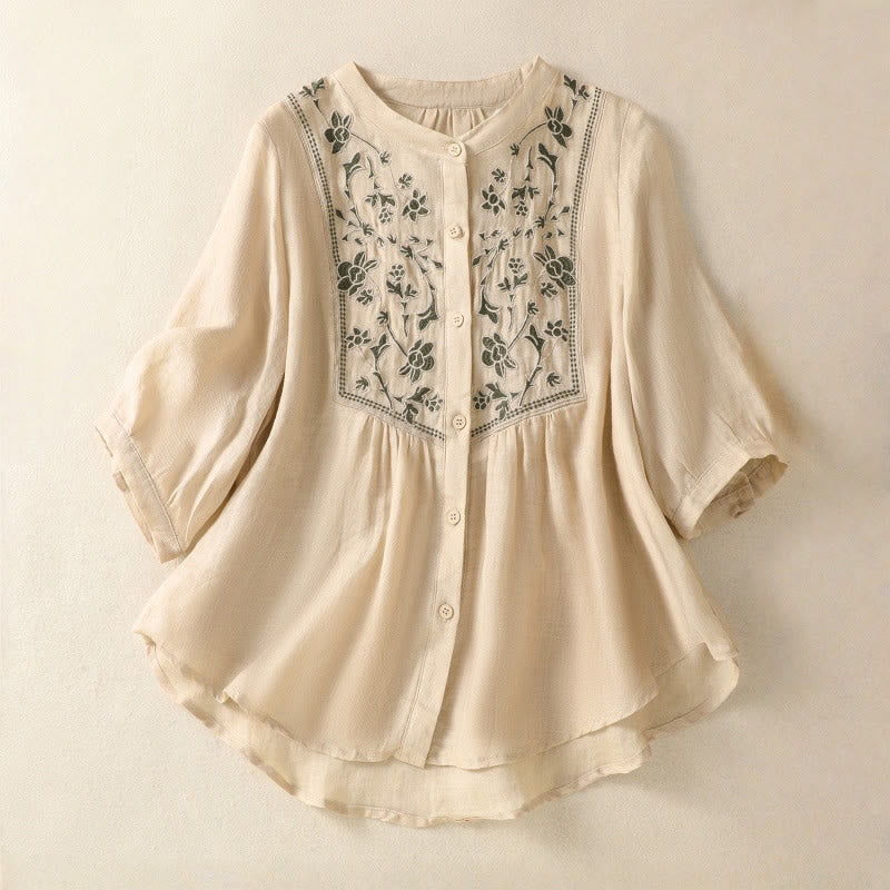 Buddha Stones刺繍入りシングルブレストレディースコットンリネン七分袖シャツ - ペールゴールデンロッド - US12、 UK/AU16、 EU44 (2XL) - image 18