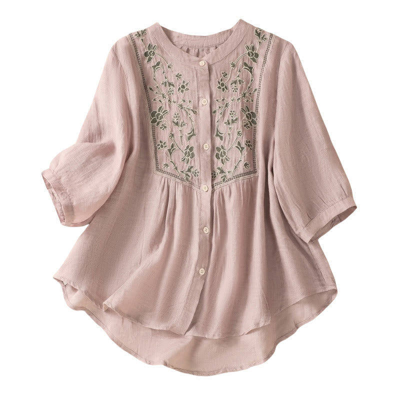 Buddha Stones刺繍入りシングルブレストレディースコットンリネン七分袖シャツ - image 17