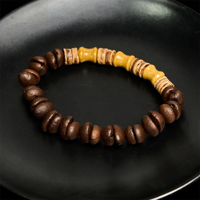 Buddha Stonesハンドメイド天然コーヒー豆ココナッツシェル竹翡翠ポジティブブレスレット - image 4