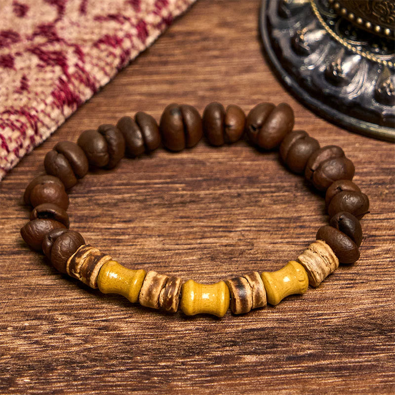 Buddha Stonesハンドメイド天然コーヒー豆ココナッツシェル竹翡翠ポジティブブレスレット - image 3