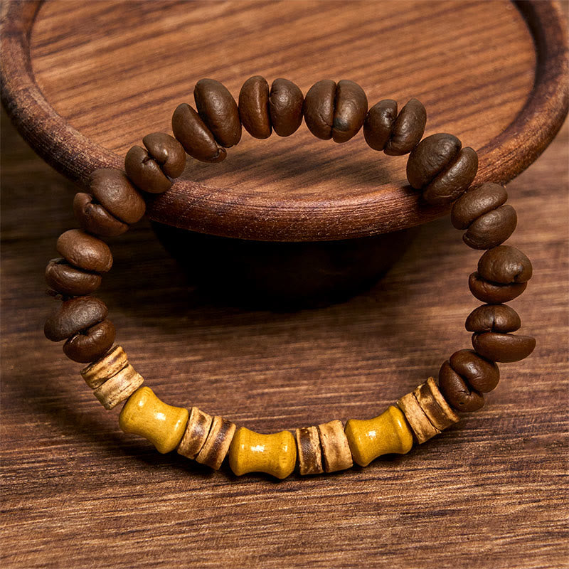 Buddha Stonesハンドメイド天然コーヒー豆ココナッツシェル竹翡翠ポジティブブレスレット - image 2