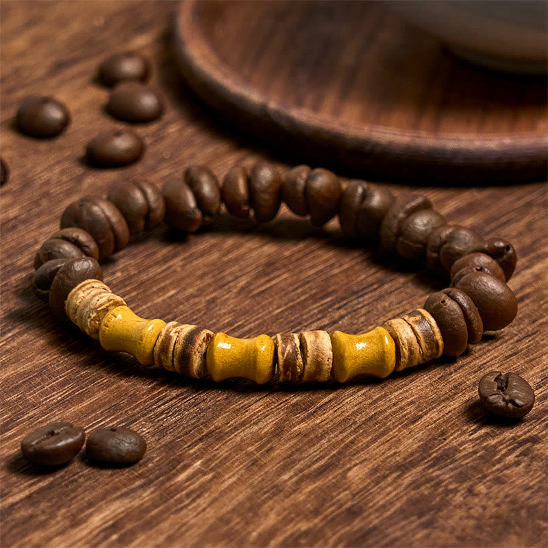Buddha Stonesハンドメイド天然コーヒー豆ココナッツシェル竹翡翠ポジティブブレスレット - コーヒー豆（手首周り14～17cm） - image 1