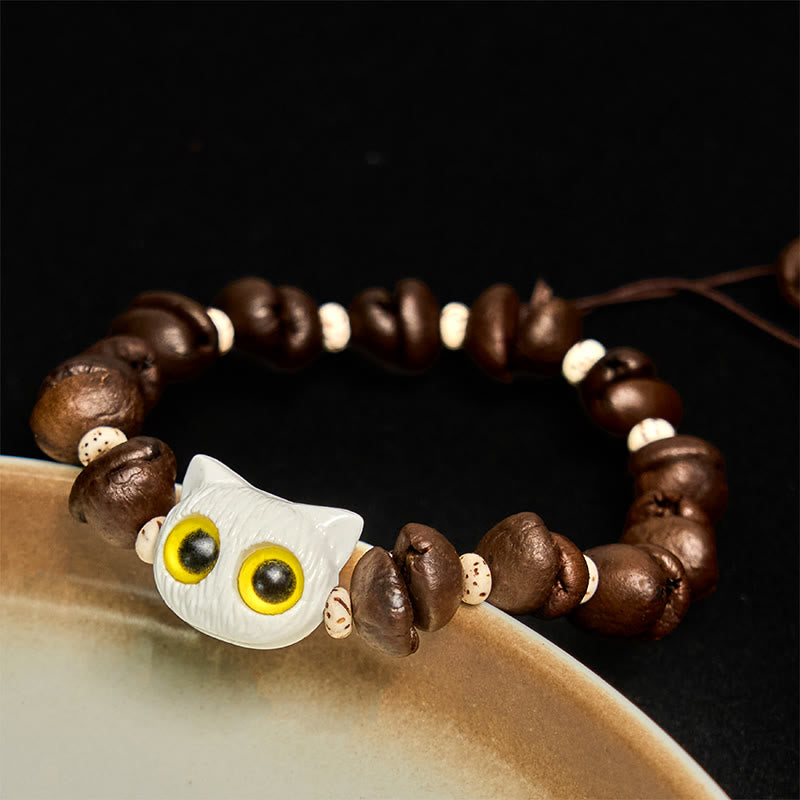 Buddha Stonesハンドメイド 天然コーヒー豆 猫頭 菩提樹 爪足 平和ブレスレット - 白猫ヘッド（手首周り14～17cm） - image 8