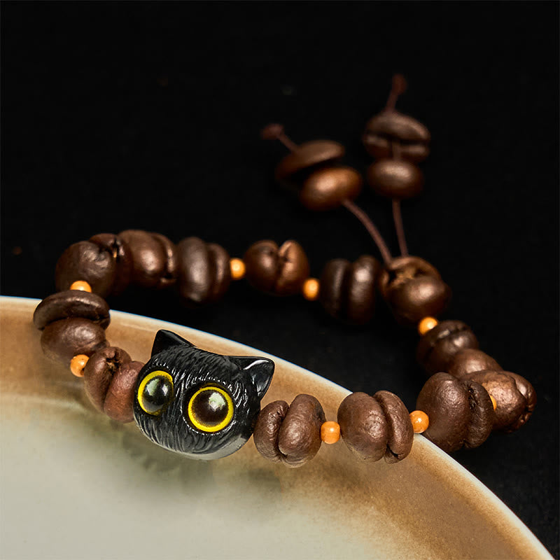 Buddha Stonesハンドメイド 天然コーヒー豆 猫頭 菩提樹 爪足 平和ブレスレット - 黒猫ヘッド（手首周り14～17cm） - image 1