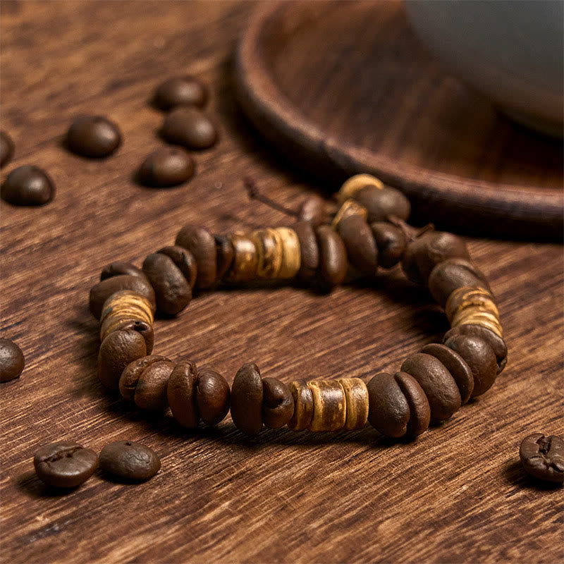 Buddha Stonesハンドメイド天然コーヒー豆ココナッツシェル幸福ブレスレット - image 7