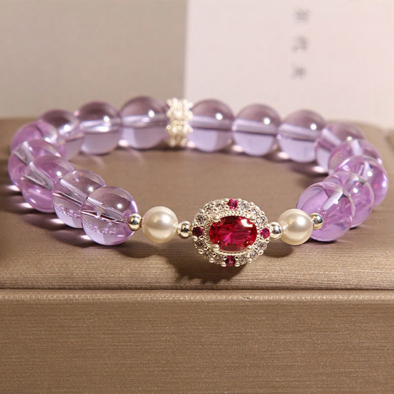 Buddha Stones天然アメジストパールレッドジルコンバランスブレスレット - image 3