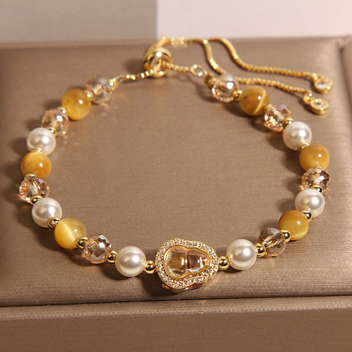 Buddha Stones イエローキャッツアイストーンパールひょうたん豊かさブレスレット - image 2