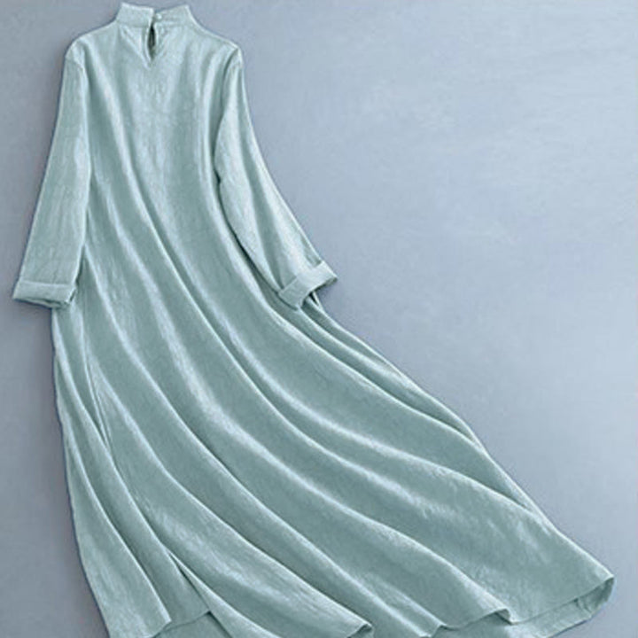 Buddha Stones春のカジュアル 無地 フロッグボタンデザイン サイドレースアップ コットンリネン ミディドレス - image 14