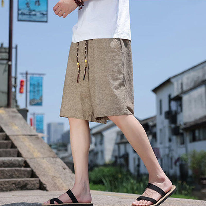 Buddha Stones織りウエストロープビーズクロップド丈リネンメンズショートパンツ（ポケット付き） - image 5