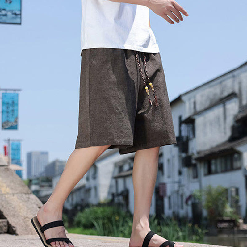 Buddha Stones織りウエストロープビーズクロップド丈リネンメンズショートパンツ（ポケット付き） - image 12