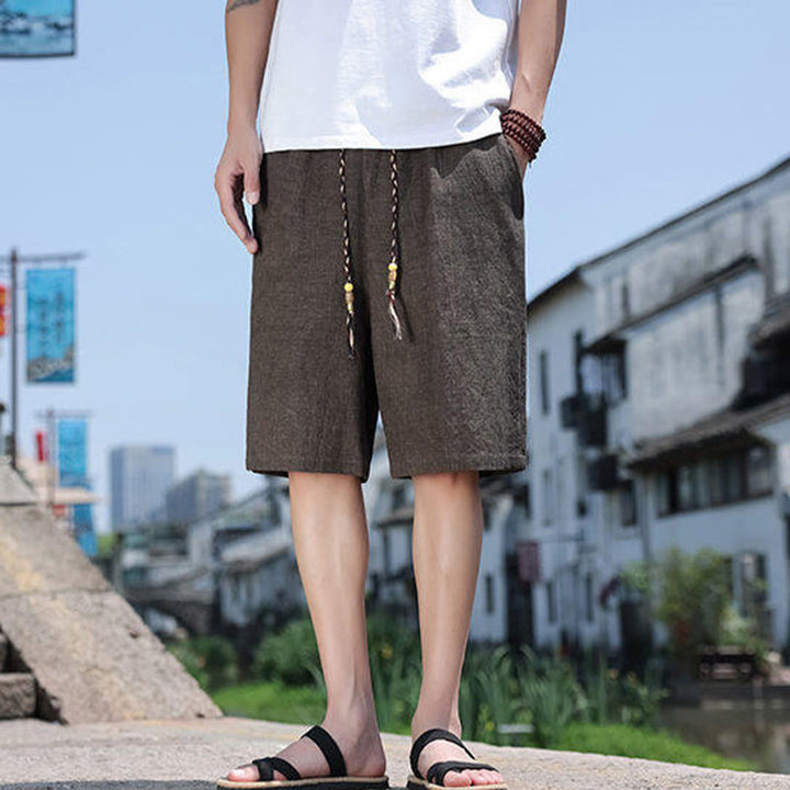 Buddha Stones織りウエストロープビーズクロップド丈リネンメンズショートパンツ（ポケット付き） - image 9