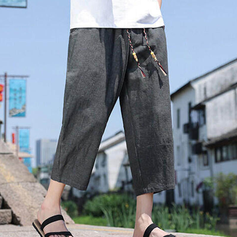 Buddha Stonesカジュアル織りビーズウエストロープメンズ7-8丈スパンデックスパンツ ポケット付き - ダークスレートグレー - US/UK/AU46、 EU56 (5XL) - image 0