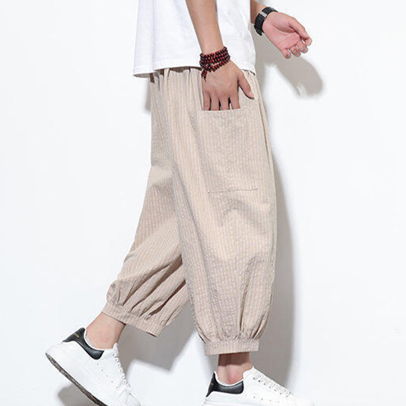Buddha Stonesカジュアルストライプ メンズ コットン 7-8丈 ハーレムパンツ ポケット付き - image 2