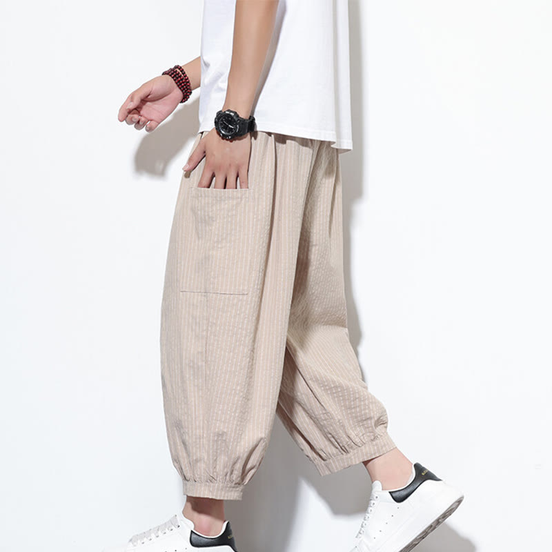 Buddha Stonesカジュアルストライプ メンズ コットン 7-8丈 ハーレムパンツ ポケット付き - ビスク - US/UK/AU46、 EU56 (5XL) - image 1