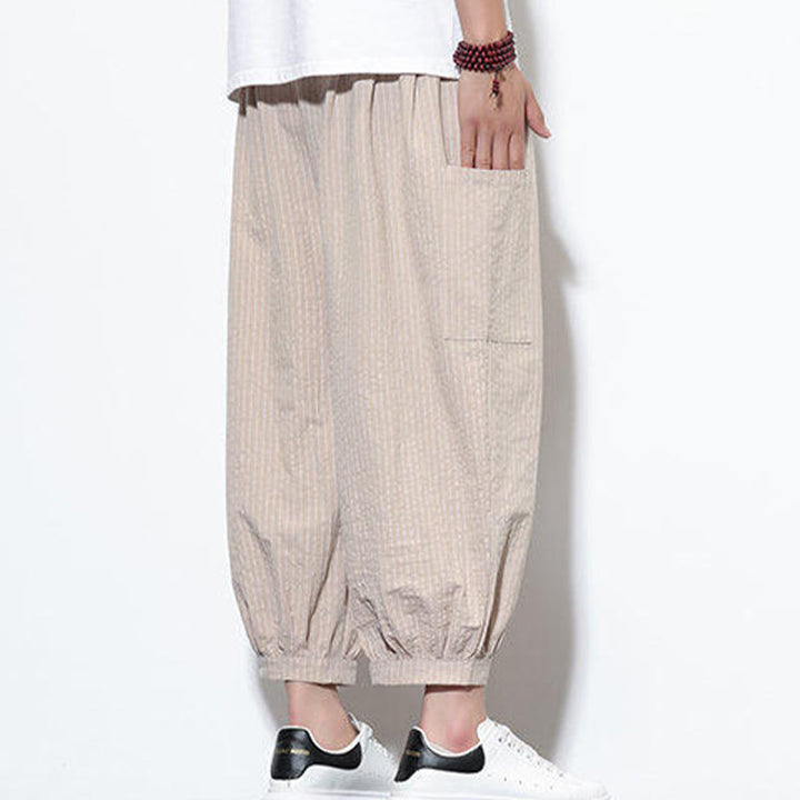 Buddha Stonesカジュアルストライプ メンズ コットン 7-8丈 ハーレムパンツ ポケット付き - image 1