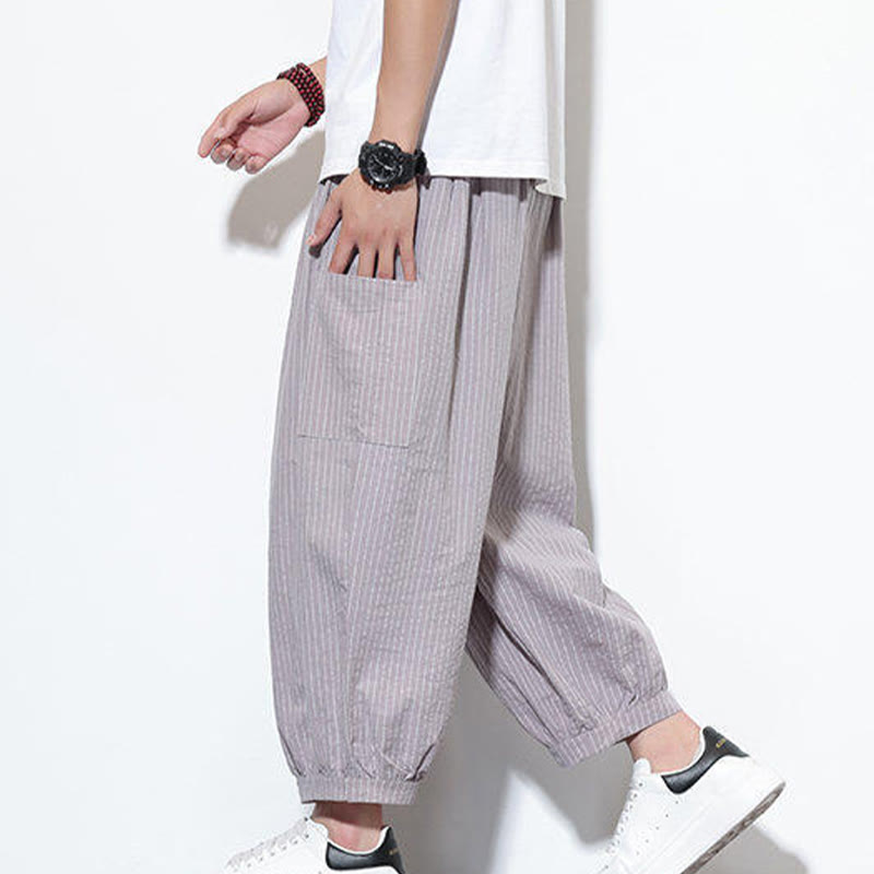 Buddha Stonesカジュアルストライプ メンズ コットン 7-8丈 ハーレムパンツ ポケット付き - ロージーブラウン - US/UK/AU46、 EU56 (5XL) - image 8