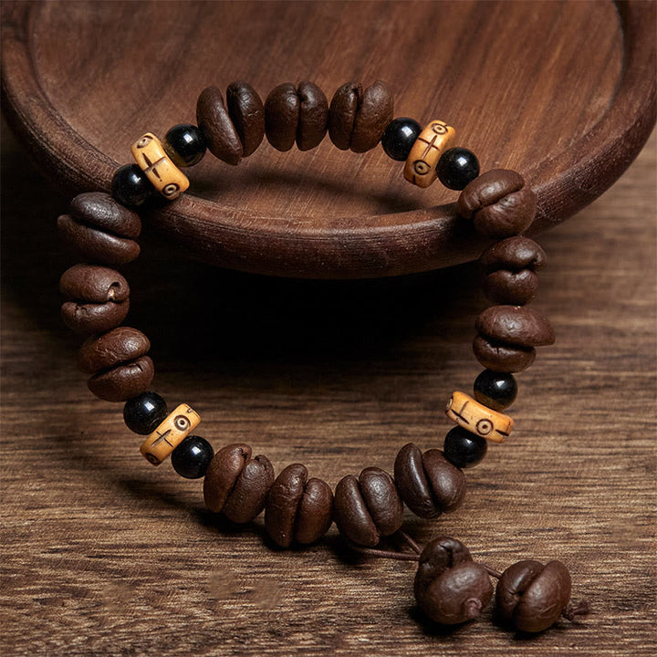 Buddha Stones天然コーヒー豆 ヤク骨ビーズ ブレスレット