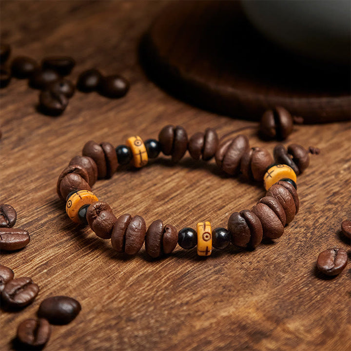 Buddha Stones天然コーヒー豆 ヤク骨ビーズ ブレスレット