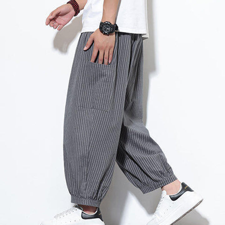 Buddha Stonesカジュアルストライプ メンズ コットン 7-8丈 ハーレムパンツ ポケット付き - グレー - US/UK/AU46、 EU56 (5XL) - image 21