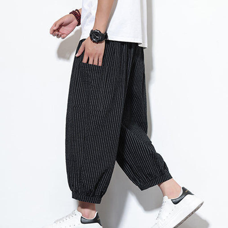 Buddha Stonesカジュアルストライプ メンズ コットン 7-8丈 ハーレムパンツ ポケット付き - 黒 - US/UK/AU46、 EU56 (5XL) - image 30