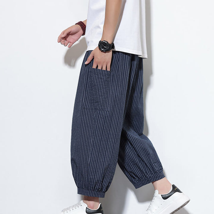 Buddha Stonesカジュアルストライプ メンズ コットン 7-8丈 ハーレムパンツ ポケット付き - ダークブルー - US/UK/AU46、 EU56 (5XL) - image 38