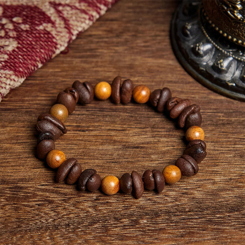 Buddha Stones天然コーヒー豆 グリーンサンダルウッド ポジティブブレスレット - コーヒー豆＆グリーンサンダルウッド（手首周り：16cm） - image 1