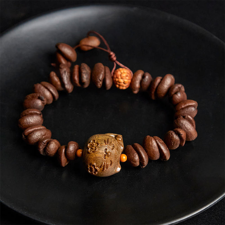 Buddha Stones手作りの招き猫と本物のコーヒー豆の白檀ブレスレット - image 4