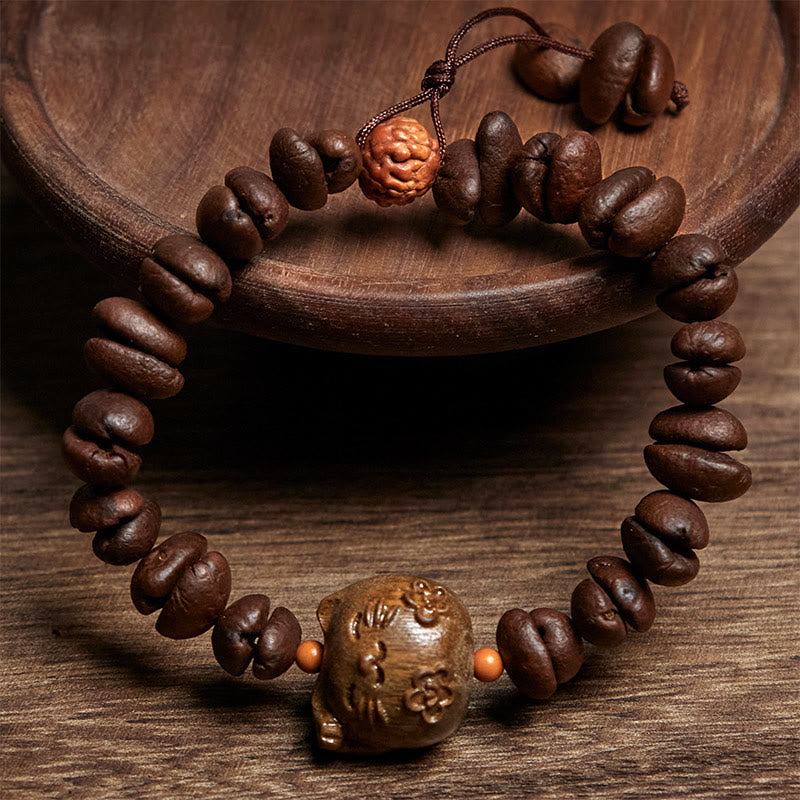Buddha Stones手作りの招き猫と本物のコーヒー豆の白檀ブレスレット - image 2