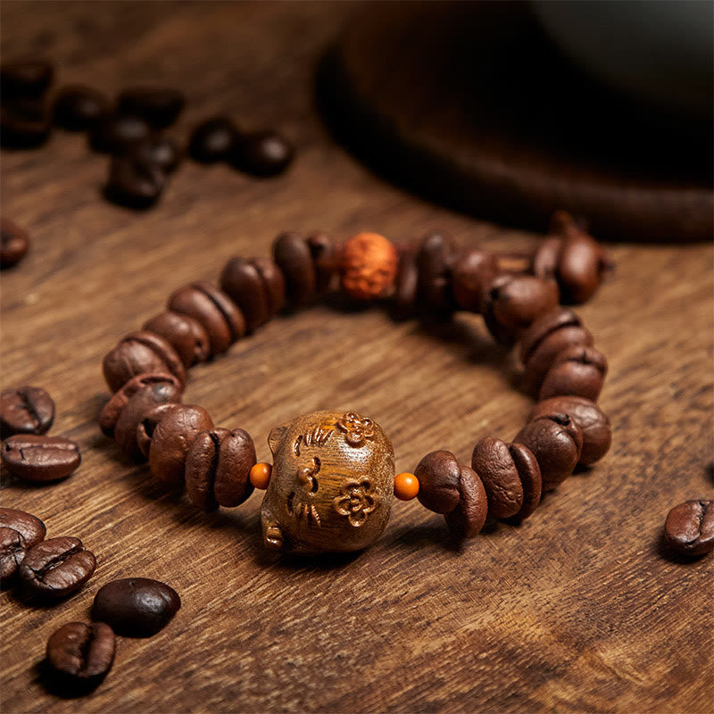 Buddha Stones手作りの招き猫と本物のコーヒー豆の白檀ブレスレット - image 3