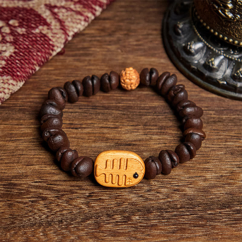 Buddha Stonesハンドメイドフィッシュボーン本物のコーヒー豆ウェンジウッドブレスレット - コーヒービーン（手首周り：17.5cm） - image 1