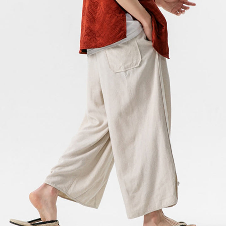 Buddha Stonesカジュアル ルーズ フロッグボタン 無地 メンズ コットンリネン 7-8丈パンツ ポケット付き - image 4