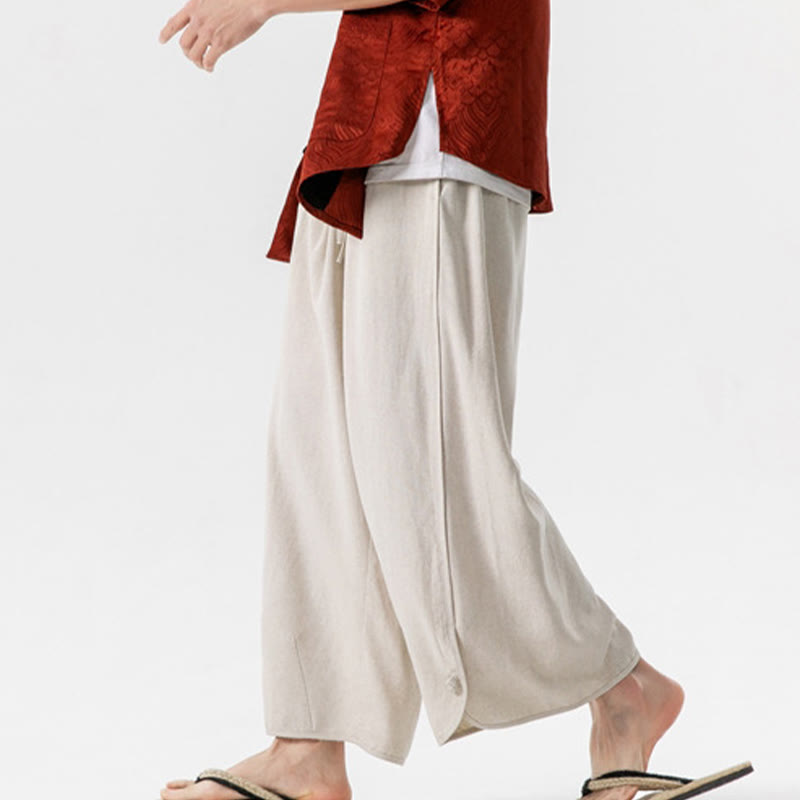 Buddha Stonesカジュアル ルーズ フロッグボタン 無地 メンズ コットンリネン 7-8丈パンツ ポケット付き - image 2