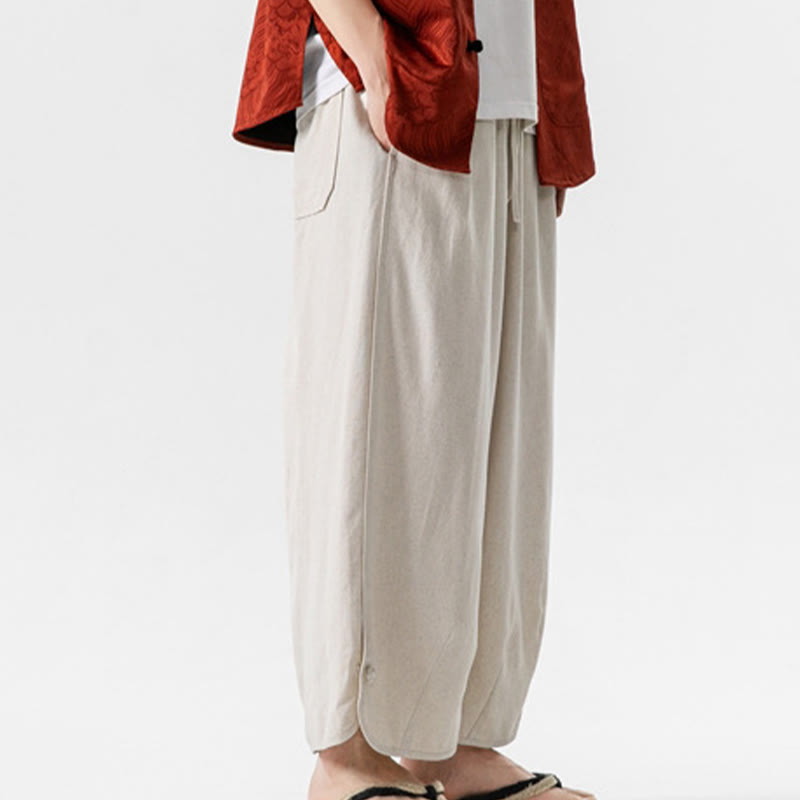 Buddha Stonesカジュアル ルーズ フロッグボタン 無地 メンズ コットンリネン 7-8丈パンツ ポケット付き - image 3