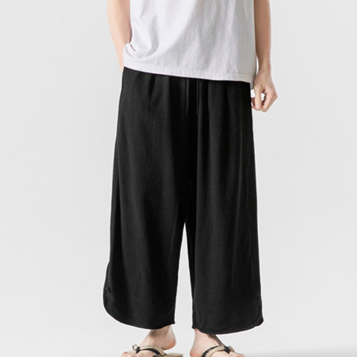Buddha Stonesカジュアル ルーズ フロッグボタン 無地 メンズ コットンリネン 7-8丈パンツ ポケット付き - 黒 - US/UK/AU46、 EU56 (5XL) - image 11