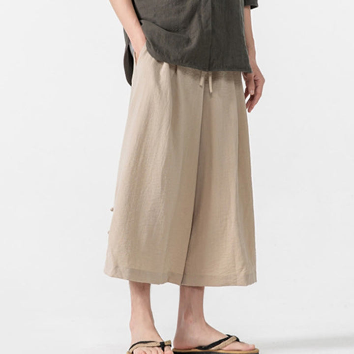 Buddha Stonesカジュアル ルーズ フロッグボタン 無地 メンズ コットン 7-8丈 ワイドレッグパンツ ポケット付き - image 2