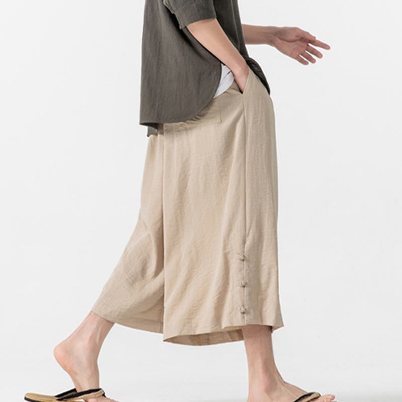 Buddha Stonesカジュアル ルーズ フロッグボタン 無地 メンズ コットン 7-8丈 ワイドレッグパンツ ポケット付き - image 6
