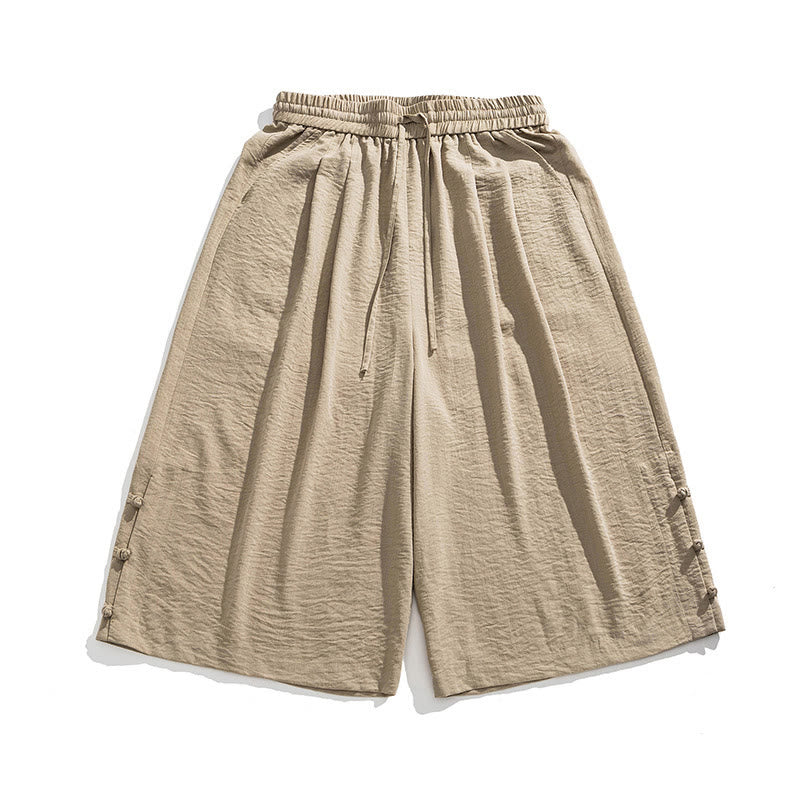 Buddha Stonesカジュアル ルーズ フロッグボタン 無地 メンズ コットン 7-8丈 ワイドレッグパンツ ポケット付き - image 1