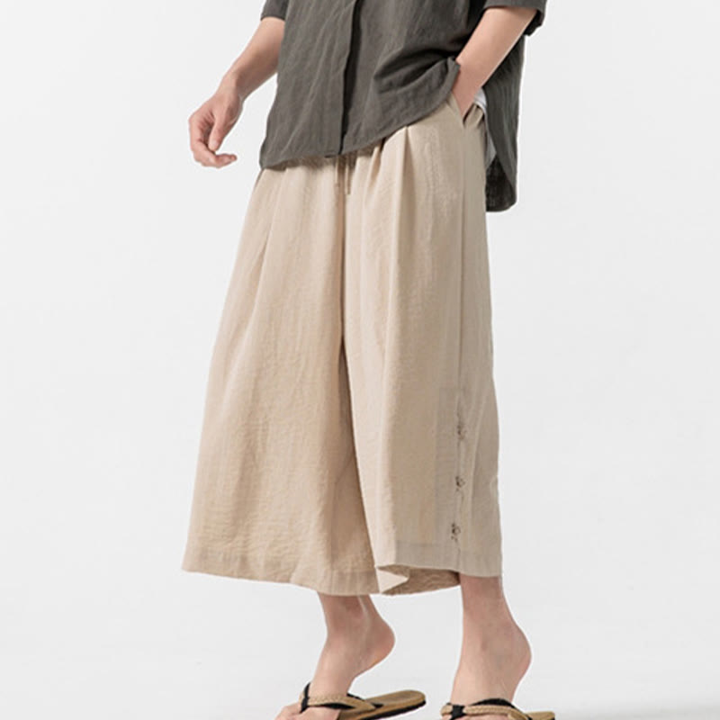 Buddha Stonesカジュアル ルーズ フロッグボタン 無地 メンズ コットン 7-8丈 ワイドレッグパンツ ポケット付き - image 8