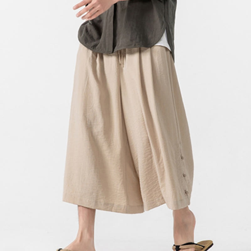 Buddha Stonesカジュアル ルーズ フロッグボタン 無地 メンズ コットン 7-8丈 ワイドレッグパンツ ポケット付き - image 6