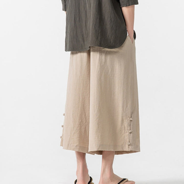 Buddha Stonesカジュアル ルーズ フロッグボタン 無地 メンズ コットン 7-8丈 ワイドレッグパンツ ポケット付き - image 4